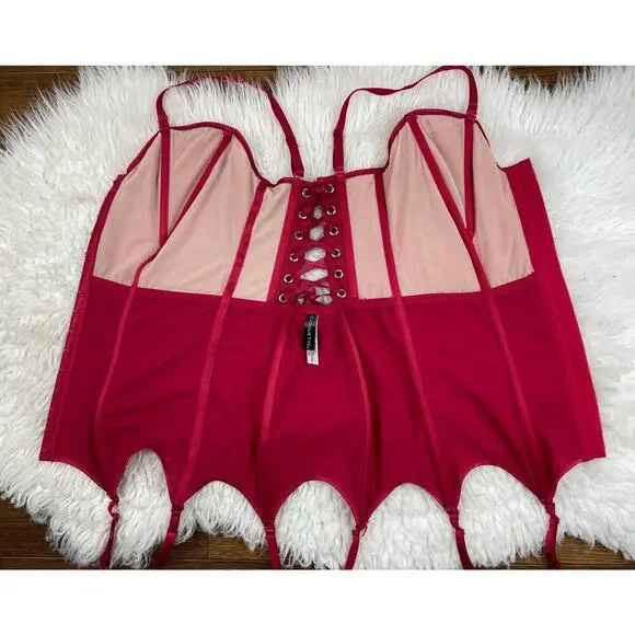 Coquette Women's Size S Red Floral Lace Boned Hook and Loop Lace Up Corset * - Picture 4 of 7
